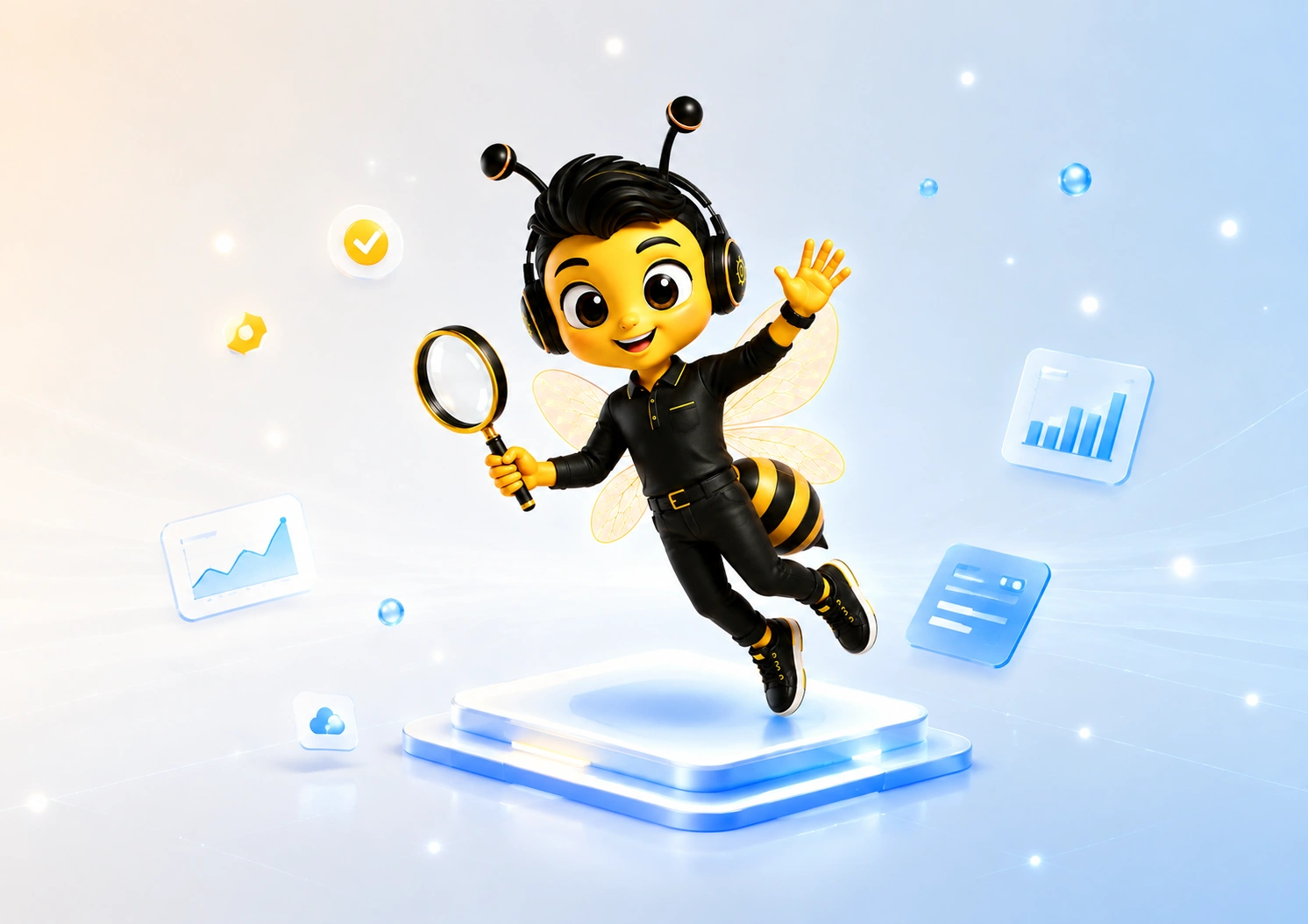 BeeBee 手持放大镜挥手欢迎品牌用户,周围展示达人营销数据与协作卡片